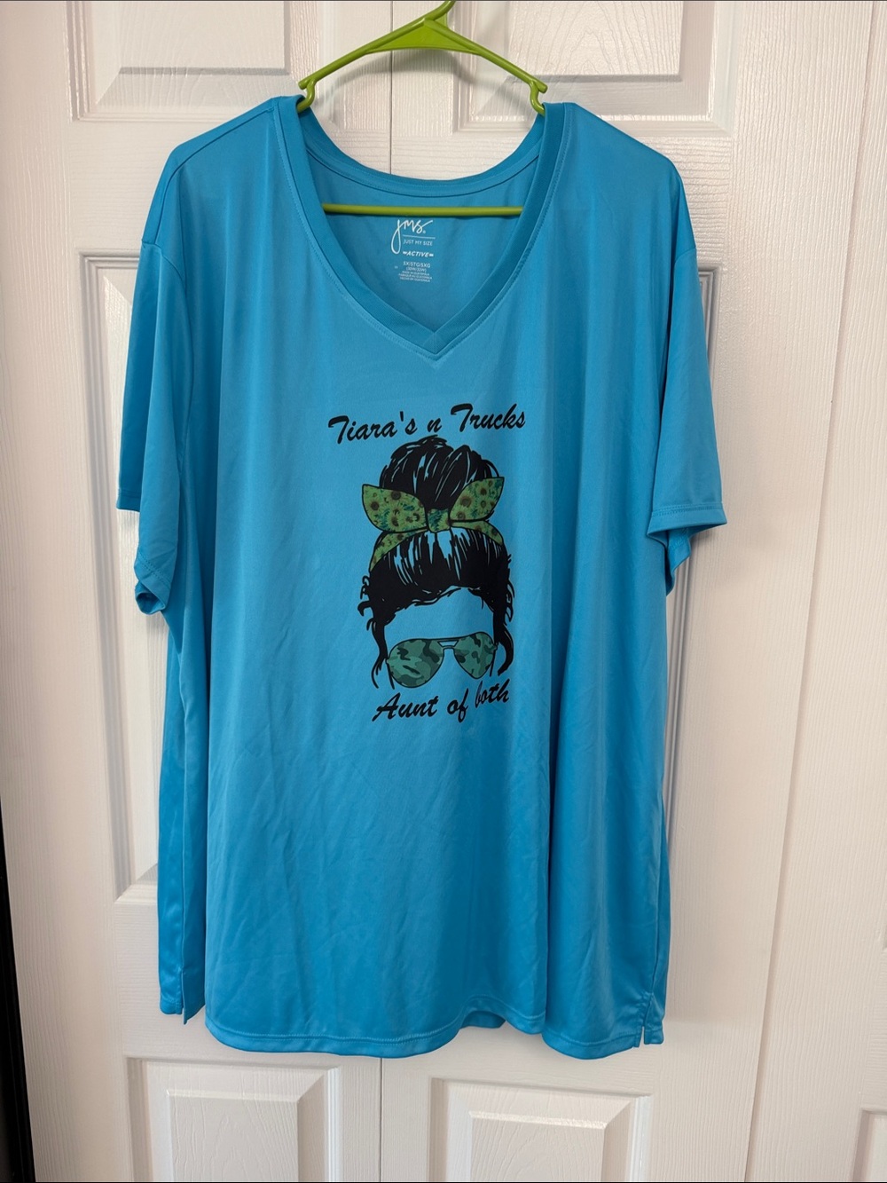 Just My Size Turquoise V-Neck Graphic Tee with Black and Green Design